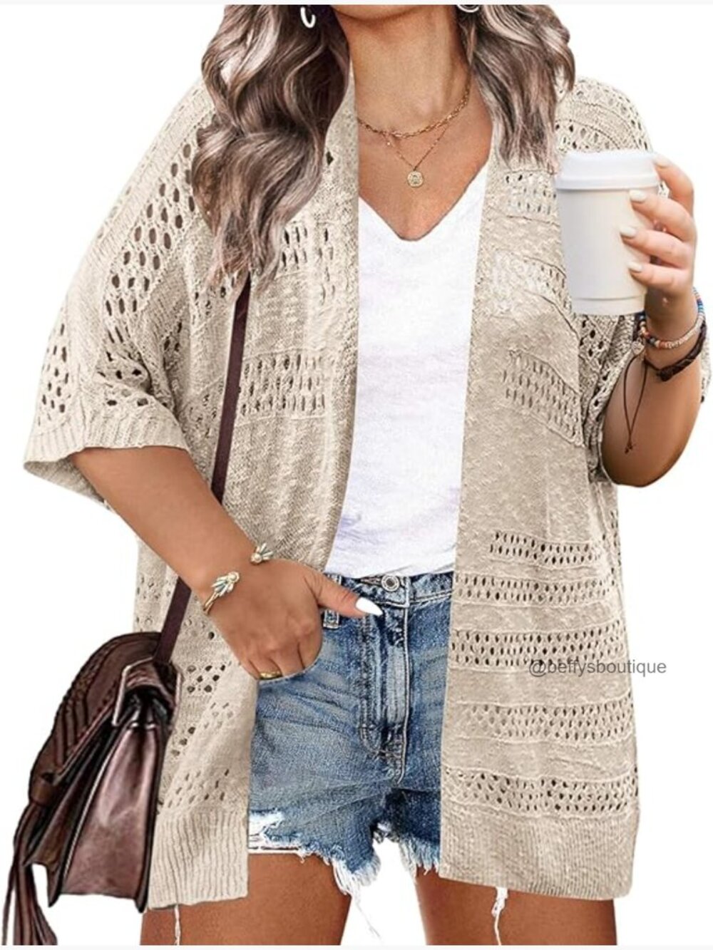 Plus Size Crochet Cardigan - Lightweight Open Front Kimono Summer Knit - Picture 1 of 7